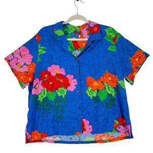 Vintage Jams World Hawiian Button Down Womens L Blue Mens S Yacht Floral 90s